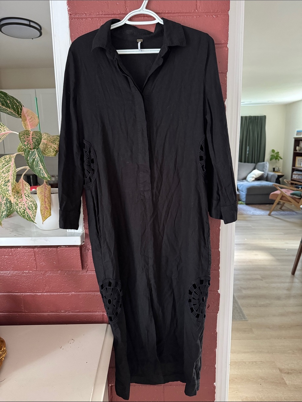 YFB Black Maxi Shirt Dress with Crochet Insets 3/4 Sleeves Small
